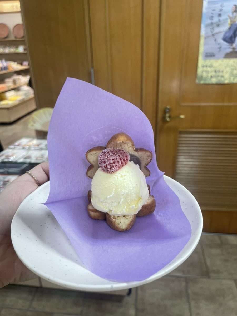 A hand holds a white plate with a flower-shaped pastry, a scoop of vanilla ice cream, and a sliced strawberry on top, served on purple paper.