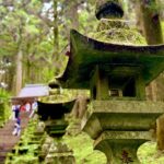 A moss-covered stone lantern stands in front of a stairway leading to a shrine, surrounded by tall trees and greenery.
